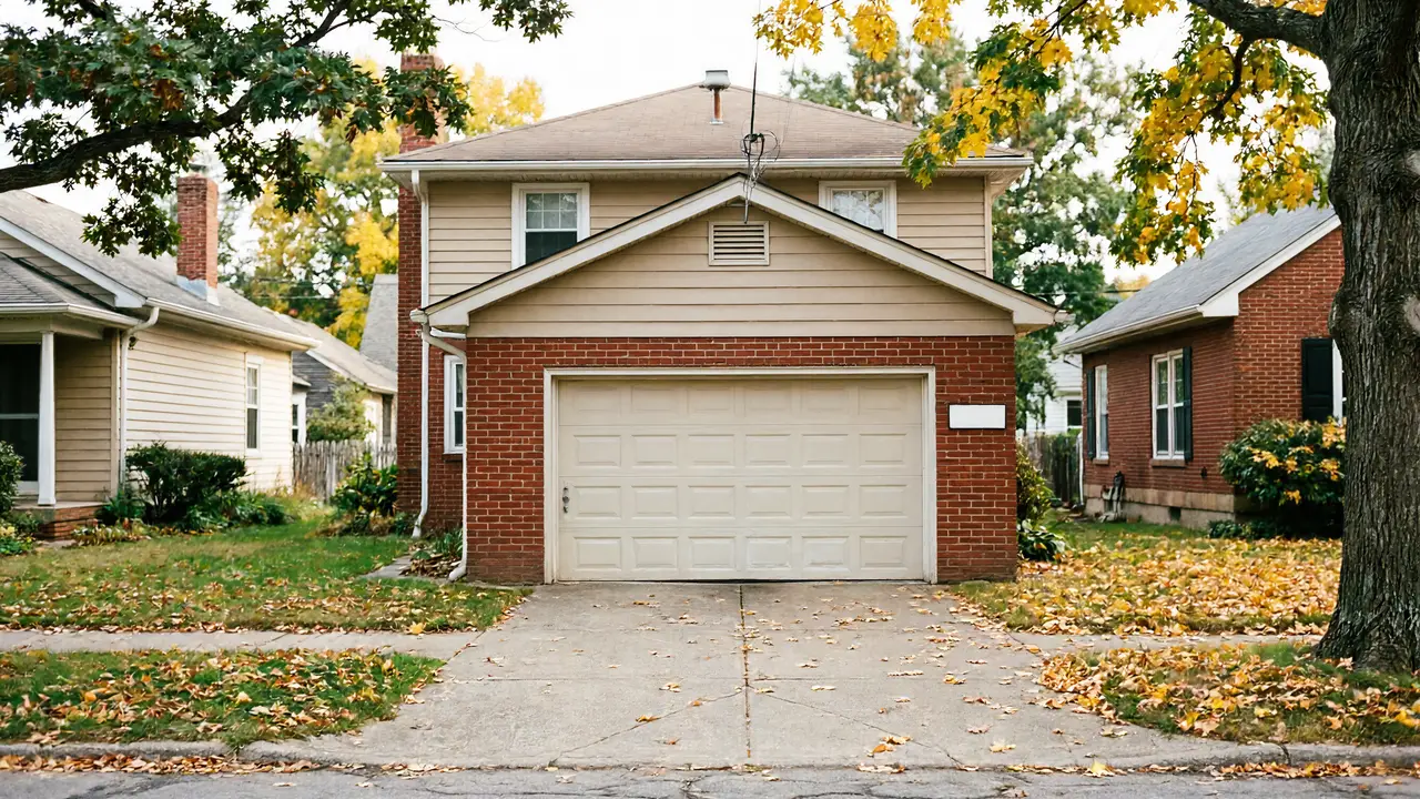 A two-story house with a beige garage door and brick facade in autumn.