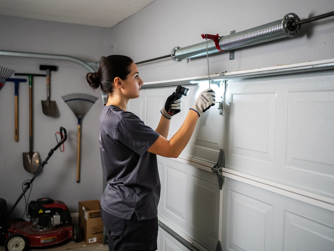 A technician shines a flashlight on a white garage door's top panel and roller.