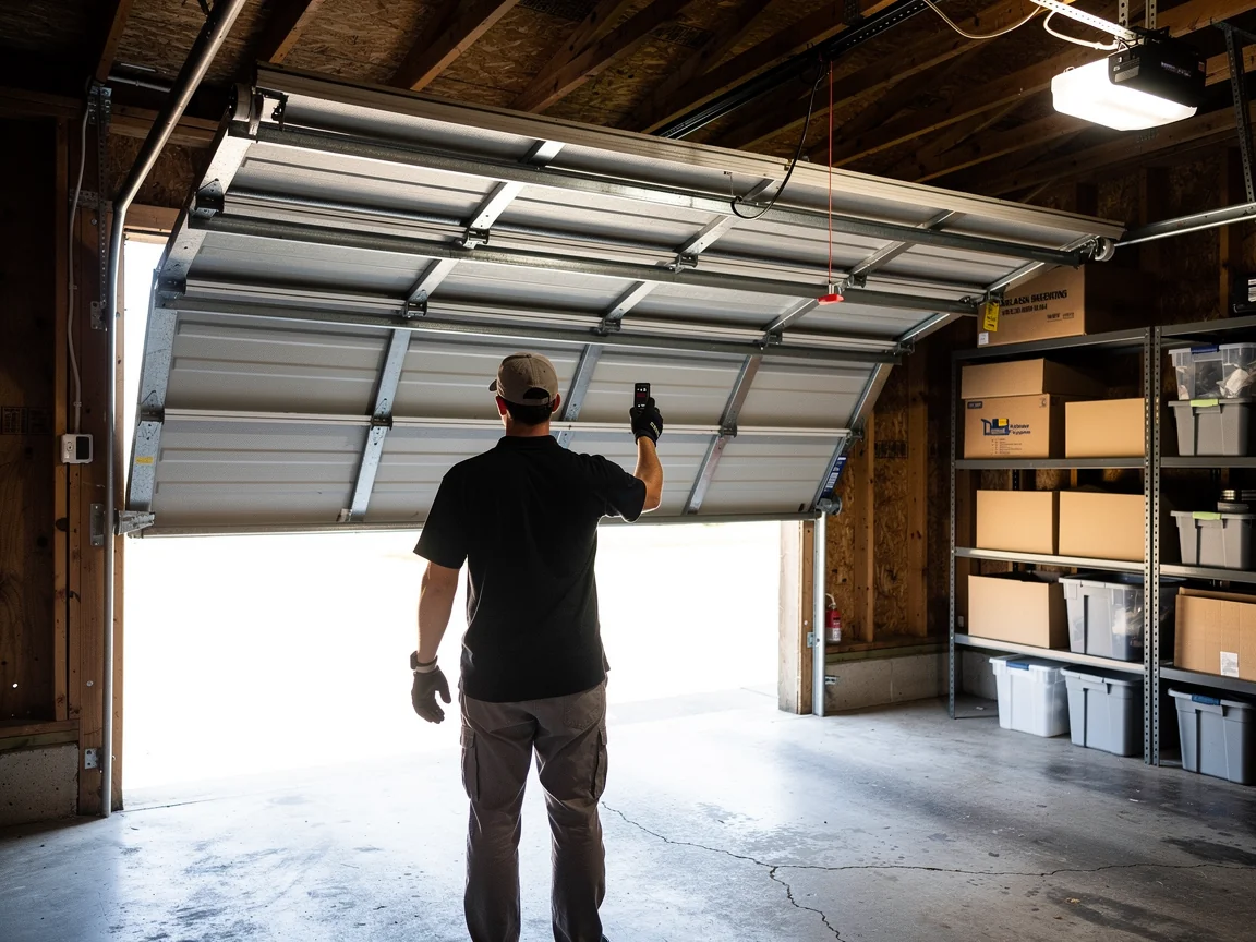 A technician operates a partially open garage door with a remote control.